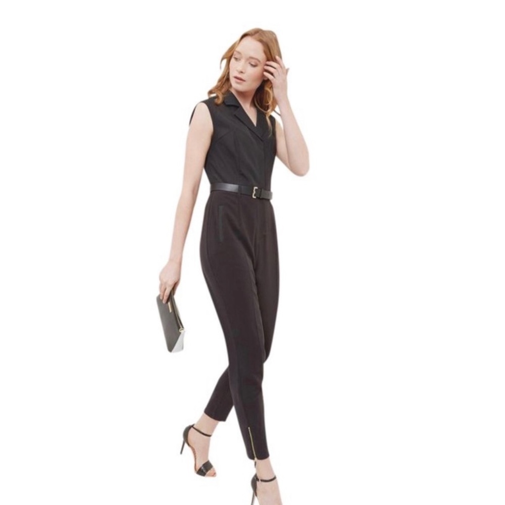 Ted Baker Natoly size 4 Black Classic Collared Jumpsuit with Gold Belt EUC